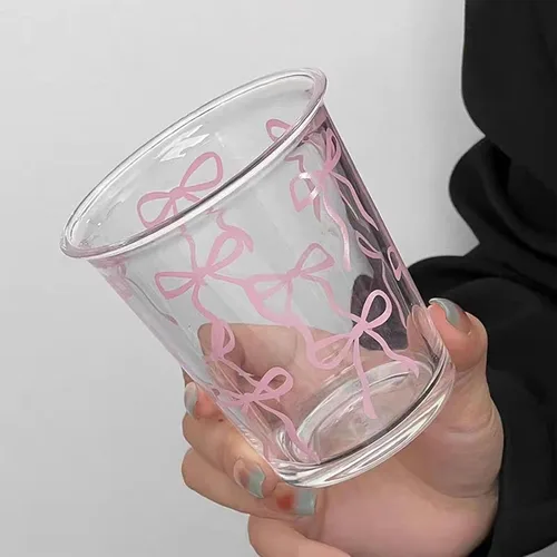Vista 4 de Vasos de vidrio con lazo rosa, 14 onzas, bonitos vasos de vidrio con lazo estético para café helado, matcha, leche, jugo, cóctel, San