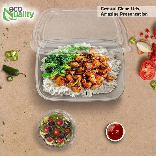 Vista 8 de EcoQuality Cuencos desechables de 29 onzas con tapas transparentes, cuencos rectangulares de papel biodegradable de fibra de caña de azúcar