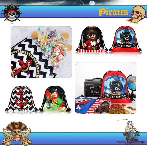 Vista 5 de Woanger 16 bolsas de recuerdo de fiesta pirata, bolsas con cordón para niños, capitán calavera, regalo para Halloween, cosplay, aventura