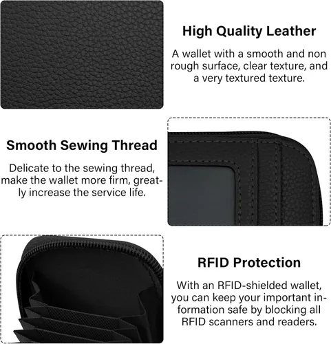 Vista 25 de RFID mini organizador de tarjetas de crédito, cuero auténtico, billetera compacta con visor de identificación, S, Negro