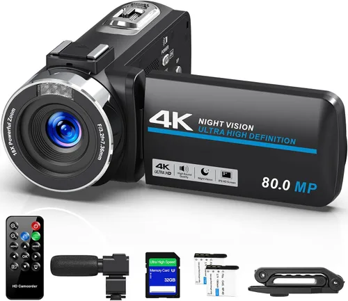 Vista 10 de 4K 80MP Camcorder Video Camera Vlogging Camera for YouTube IR Night Vision Camera 18X Digital Zoom 3.0 IPS Screen Video Recorder with 32GB SD Card