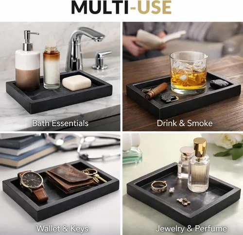 Vista 4 de Bandeja de mármol negro natural para baño, cocina, tocador, escritorio, organizador de piedra para mesa auxiliar, tocador, mesita de noche, velas