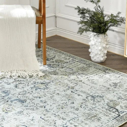 Vista 398 de jinchan Lima - Alfombra simétrica floral geométrica lavable, alfombra de entrada de medio círculo de 2 x 3, alfombra de media luna, suave y Azul