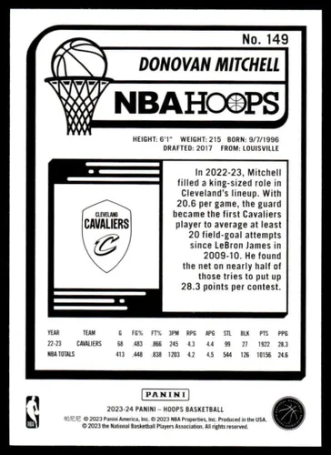 Vista 4 de 2023-24 Panini Hoops #149 Donovan Mitchell NM-MT Cleveland Cavaliers Tarjeta de Coleccionable de Baloncesto