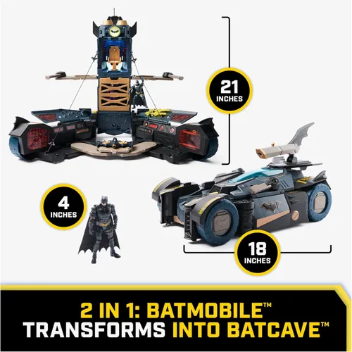 Vista 2 de DC Comics Batman, juego transformador definitivo de Batmóvil, juego 2 en 1 con figura exclusiva y planeador, luces, sonidos, juguetes para niños