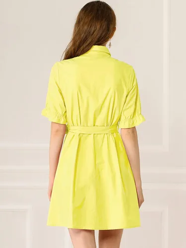 Vista 5 de Allegra K Womens 2023 Summer Ruffled Short Sleeve Cotton Solid Color Belted Button Down Shirt Dress