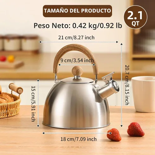 Vista 2 de Tetera de acero inoxidable 18/8 de 2.1 cuartos de galón para estufa