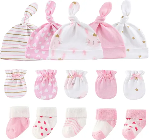 Vista 20 de Ruliby Conjunto de Gorros, Manoplas y Calcetines para Bebé de Algodón, Gorro Beanie Suave para Recién Nacidos, Gorros Guantes para Niñas y Niños 0-6