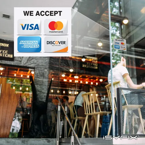 Vista 5 de iSYFIX Calcomanías adhesivas para tarjetas de crédito, 4 unidades de 7 x 6 pulgadas, aceptamos Visa, MasterCard, Amex & Discover, vinilo