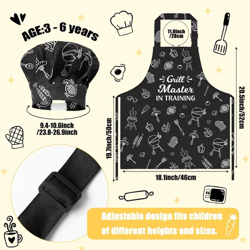Vista 2 de R HORSE Juego de delantal y sombrero de chef para niños, 2 piezas, mini parrilla ajustable, delantal de cocina para niños, juego de rol, juguete