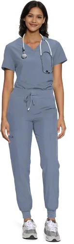 Vista 13 de floralhue Conjunto de ropa quirúrgica para mujer con cuello en V y Negro