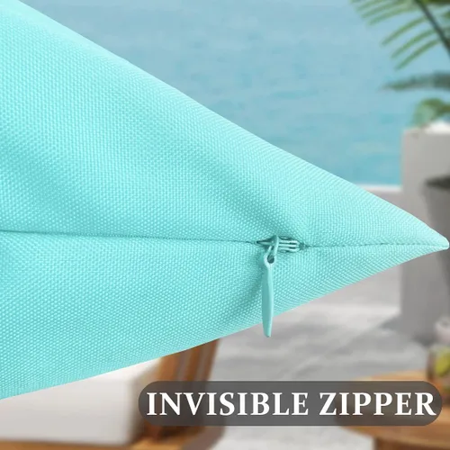 Vista 4 de 4 fundas de almohada impermeables de color azul claro para exteriores, fundas de almohada cuadradas modernas para patio, banco, muebles de patio 4