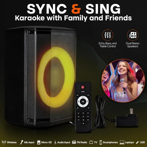 Vista 3 de Pyle Altavoz Bluetooth Portátil con Woofer de 8 Pulgadas, Función TWS, Entrada de Micrófono, USB/Micro SD/Radio FM, Luces de Anillo Coloridas, 120W