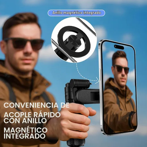 Vista 7 de Palo selfie magnético multifuncional 4 en 1 con rotación de 360°, mini trípode portátil extensible para teléfono con control remoto y anillo