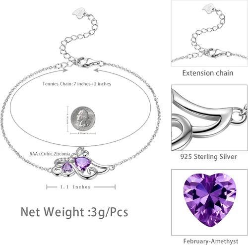 Vista 3 de Butterfly Heart Necklace Birthstone Pendant Necklace Earrings Bracelet Women 925 Sterling Silver Animal Butterflies Birthstone Pendant Crystal