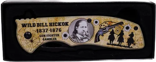 Vista 5 de Cuchillo de bolsillo plegable Wild Bill Hickok, cuchillo de bolsillo de acero inoxidable de 4.75 pulgadas con retrato pintado de Wild Bill Hickok