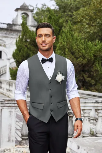 Vista 2 de COOFANDY Chaleco de traje de negocios para hombre, chaleco de vestir ajustado, chaleco de boda