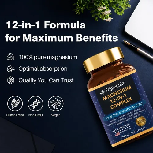Vista 5 de Complejo de magnesio 12 en 1 para mujeres y hombres, suplemento de magnesio de alta absorción de 1000 mg con glicinato, citrato, malato y taurato