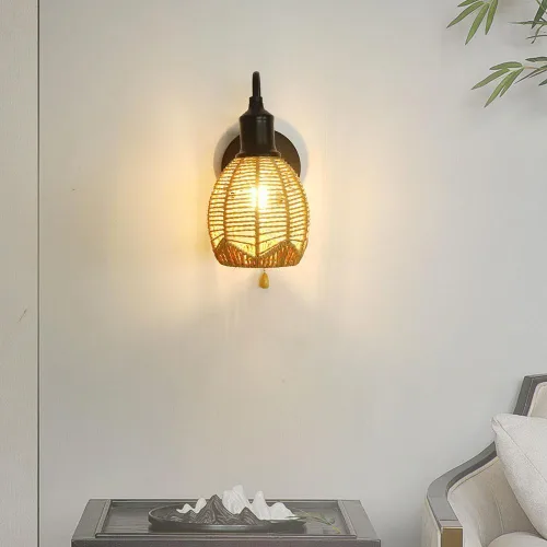 Vista 3 de Lámpara de pared de ratán, aplique de pared vintage de granja, lámpara de pared negra retro con tirador, iluminación interior cableada para sala