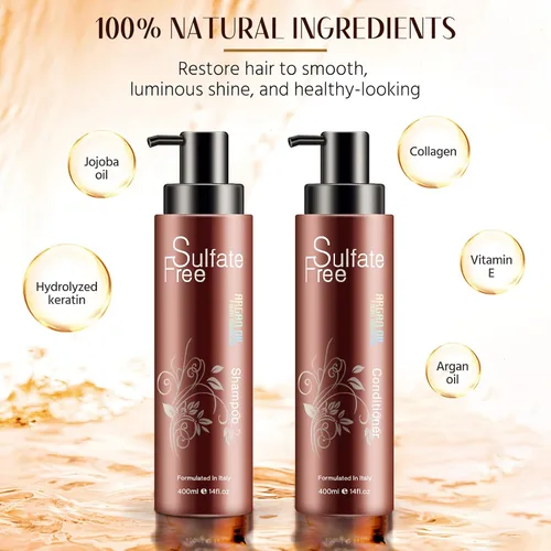 Vista 4 de Juego de champú y acondicionador de aceite de argán marroquí orgánico natural, sin sulfatos, tratamiento seguro para el color, protección UV
