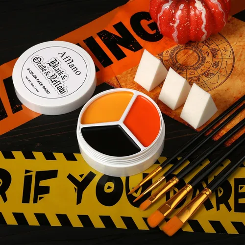Vista 6 de Pintura corporal negra, naranja y amarilla, kit de maquillaje de espantapájaros de Halloween (3 esponjas + 5 pinceles), 9 piezas de pintura facial