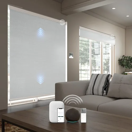 Vista 28 de Persianas inteligentes personalizadas de 110 pulgadas de ancho para ventanas grandes, persianas enrollables motorizadas 100% opacas compatibles