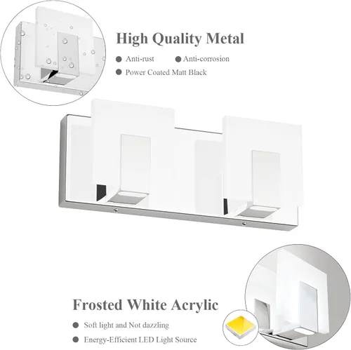 Vista 5 de Aipsun 2 luces regulables modernas LED de tocador para baño, acrílico blanco esmerilado, cromado arriba y abajo, lámparas de pared sobre espejo
