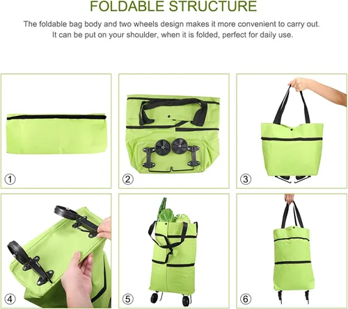 Vista 6 de Carrito de compras plegable 2 en 1 2023, bolsa de compras plegable portátil con ruedas, bolsa de compras ligera impermeable con ruedas, bolsa