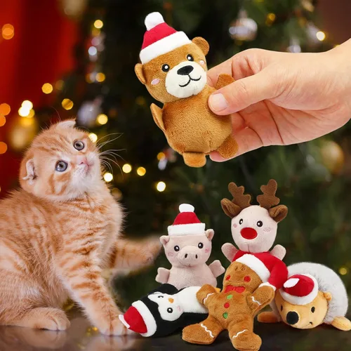 Vista 3 de Senneny Juego de 6 juguetes de Navidad con hierba gatera – reno, hombre de jengibre, oso, cerdito, erizo, pingüino, juguetes de animales de peluche