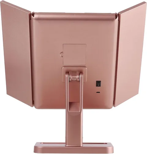 Vista 6 de MELANNCO - Espejo de tocador con luces, espejo de maquillaje LED de tres pliegues de oro rosa para escritorio, 16 luces LED, 2 secciones de aumento