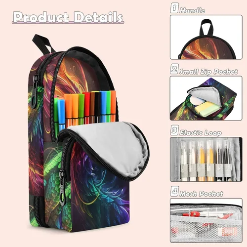 Vista 4 de Estuche para lápices de dragón arcoíris de gran capacidad, con compartimento, organizador de papelería con forma de mochila escolar