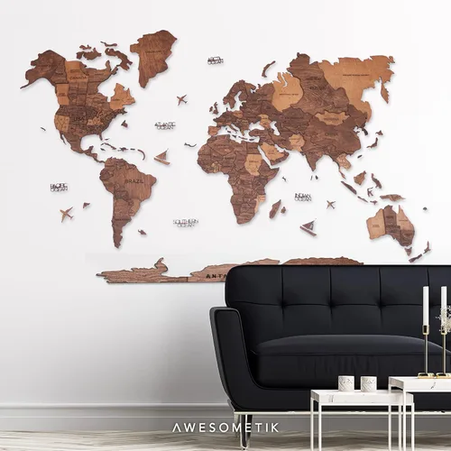 Vista 7 de AWESOMETIK Mapa del mundo de madera 3D de roble, mapa del mundo 3D, fácil instalación con cinta de doble cara, incluye complementos, madera