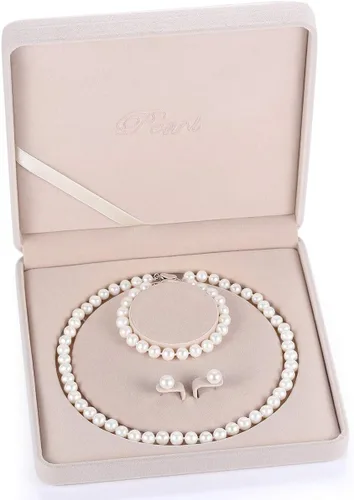 Vista 6 de JORA Conjunto de collar de perlas cultivadas de agua dulce con pulsera y aretes de tuerca en longitud de princesa de 18 pulgadas para regalo