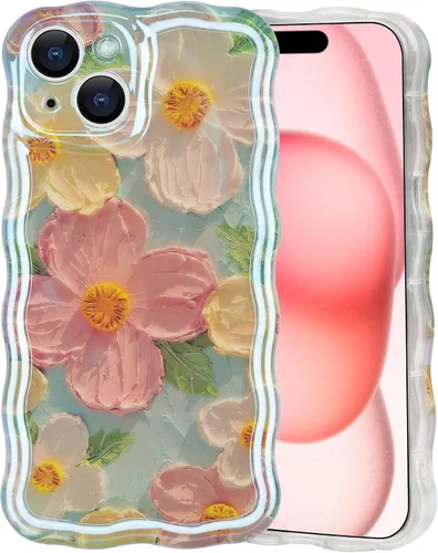 Vista 13 de IDweel Funda para iPhone 11, Lujosa Pintura al Óleo Retro Colorida con Patrón de Flores Brillantes Impresas, Lindo Borde Ondulado Rizado, Exquisita