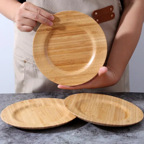 Vista 2 de Platos de Madera para Alimentos Platos de Bambú Platos de Cena Reutilizables Vajilla 2 Piezas Plato Redondo de Madera Liviano para Platos Platos