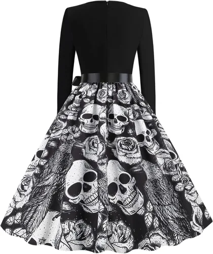 Vista 5 de Vestido de Halloween para mujer 2022, casual, estampado con cuello en V, con cremallera, manga larga, con panel de columpio
