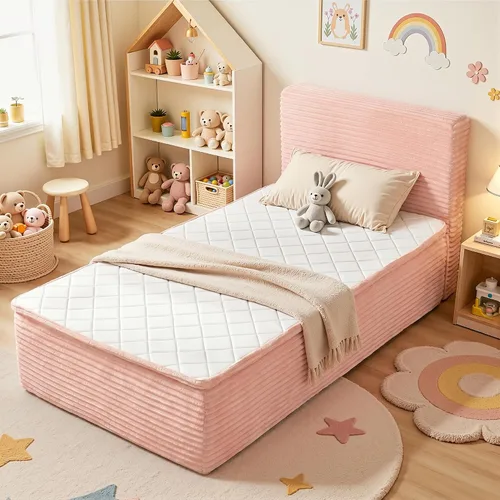 Vista 20 de Base de cama matrimonial sin hueso con cabecera de colchón, cama sin Beige