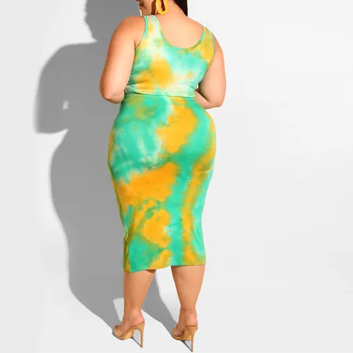 Vista 3 de Conjunto vestido a media pierna de 2 piezas de talla plus, conjunto de falda ajustada, top ajustado, estampado estilo hippy sin mangas