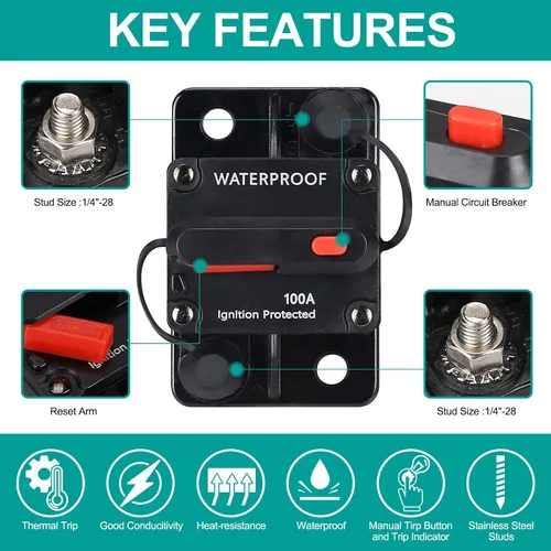 Vista 5 de Disyuntor de 100 amperios, con reinicio manual, impermeable, 12V-48V DC, 30-311A, para protección manual de potencia de audio del sistema