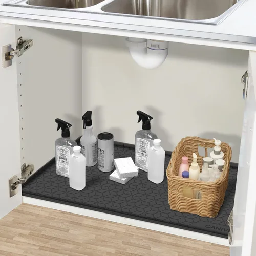 Vista 7 de Tapete para debajo del fregadero, bandeja de silicona impermeable para debajo del fregadero, 28 x 22 pulgadas, para armarios de cocina y lavandería