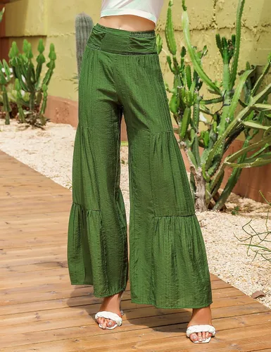 Vista 4 de KOJOOIN Pantalones de pierna ancha para mujer, cintura alta, elásticos, holgados, dobladillo con volantes, casuales, para playa, palazzo