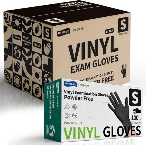 Vista 9 de Supmedic Vinyl Disposable Exam Gloves, Black 4Mil Powder-Free Latex-Free Medical Food Safe Cooking Cleaning Glove 100 &1000Ct