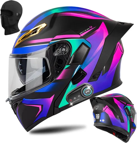 Vista 9 de Casco modular Bluetooth para motocicleta, certificado DOT, abatible, de cara completa, antivaho, doble máscara, casco de motocicleta de calle
