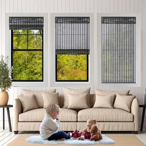 Vista 5 de Persianas romanas de bambú sin cordones para ventanas, persianas de madera tejida natural de ónix negro con cenefa de 6 pulgadas de alto, persianas