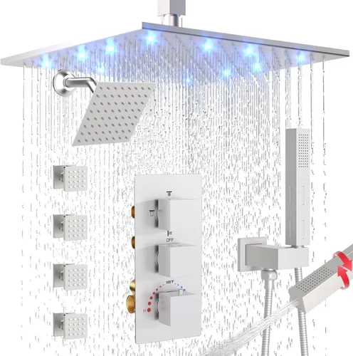 Vista 9 de Enga Juego de grifo de ducha termostático, cabezal de ducha LED de 12 pulgadas con cabezal de ducha doble de 6 pulgadas, juego de grifo de ducha