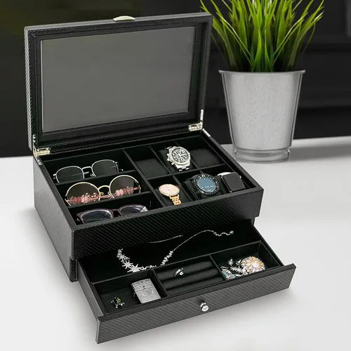 Vista 8 de HAUTEROW Caja organizadora de relojes para hombres, caja de joyería, estuche de reloj, organizador de gafas de sol, bandeja de valet, organizador