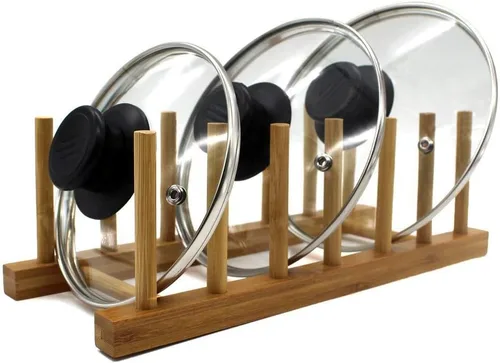 Vista 4 de Rejilla de secado con soporte de bambú, para organizar platos, sartén, cuenco, copa, libro, tapa de olla para gabinete de cocina o encimera