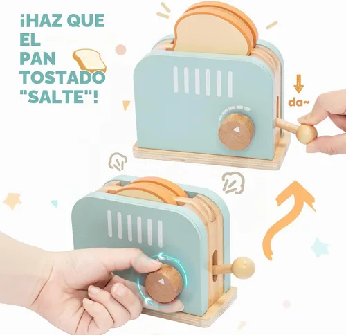 Vista 3 de Tostadora emergente de madera para niños, juego de simulación de comida