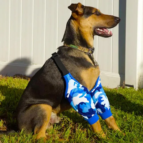 Vista 6 de Coderas para perros, rodilleras, protector de callos para callos, manga ajustable para codo de perro, manga higroma L, camuflaje azul Camuflado azul