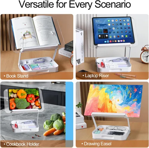 Vista 6 de ZOEY Soporte acrílico para libros de lectura, soporte ajustable para libros con base giratoria de 360 grados y soporte elevador plegable
